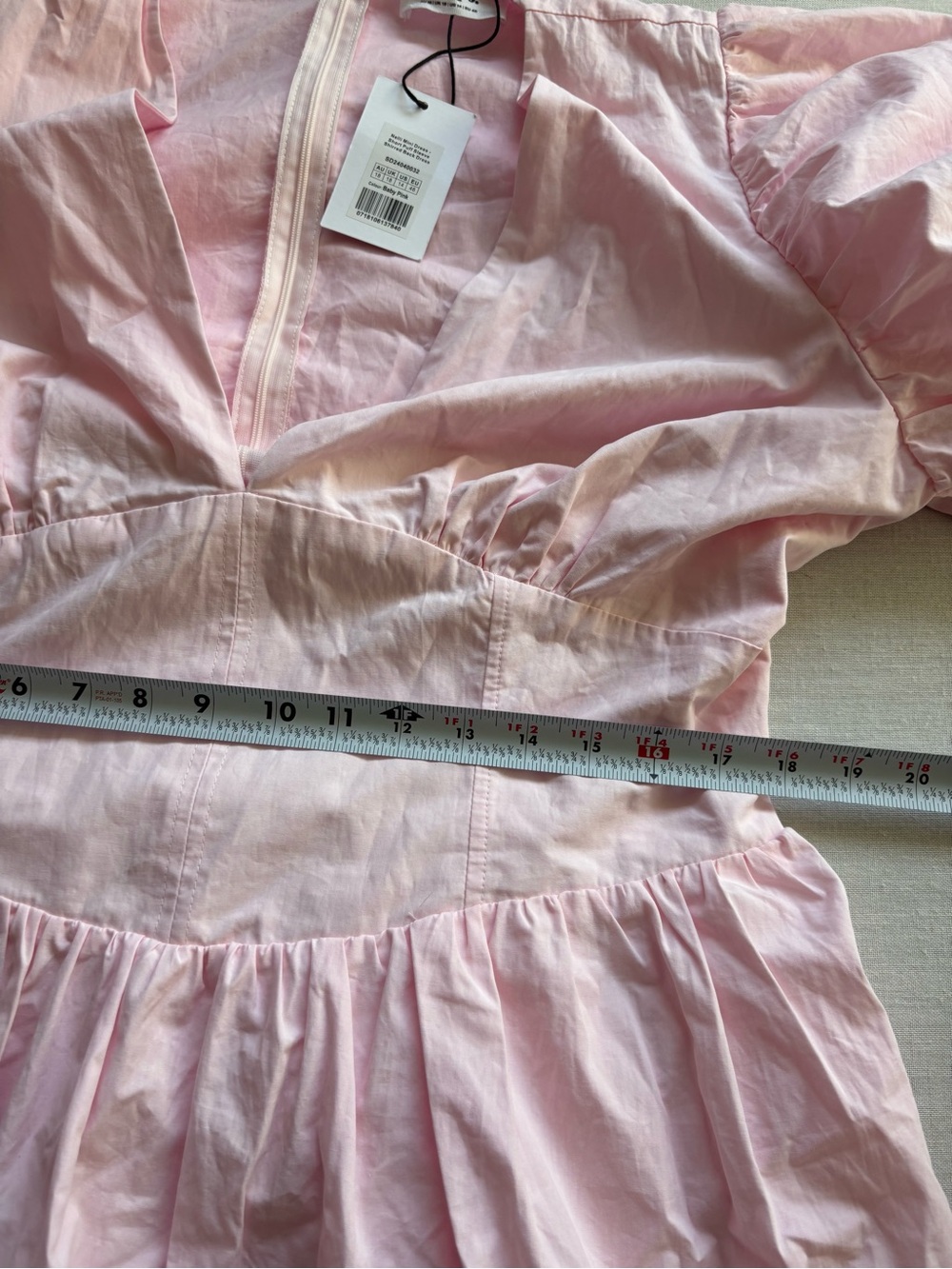 NWT Showpo Nelli Puff Sleeve Shirred Back Mini Dress Baby Pink Cotton Size 14 - Picture 7 of 10